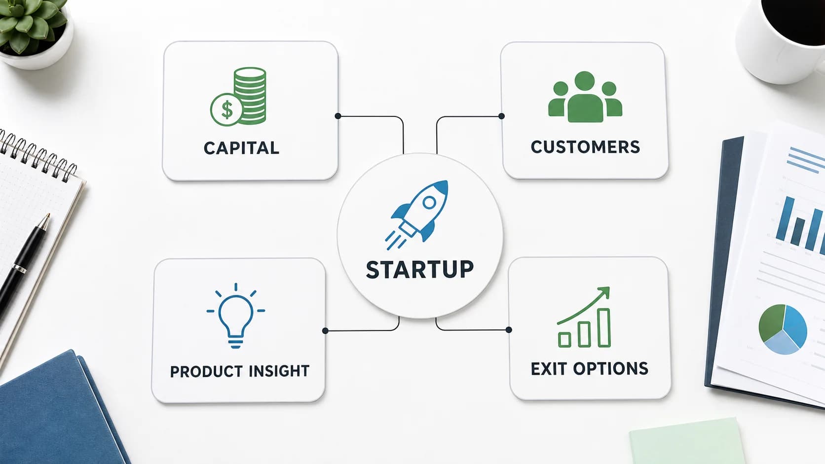 Strategic investor relationship map showing capital, customers, product insight, and exit options around a startup.