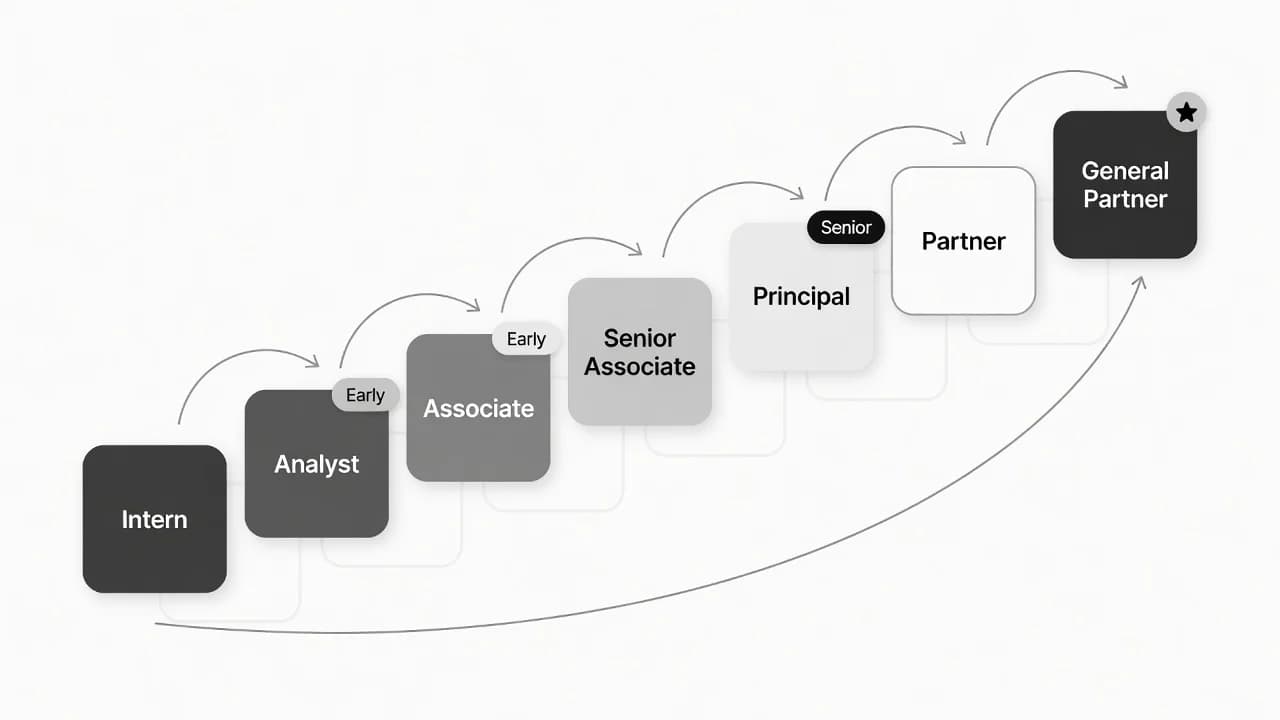 Venture capital career ladder from intern through analyst, associate, senior associate, principal, partner, and general partner in monochrome zinc style
